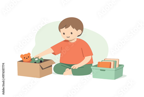 Calm child helps clean a room pausing to sort items as the open space feels balanced and peaceful | scene of child helping clean