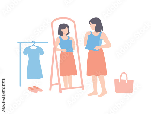 Woman trying outfit combination in front of mirror in quiet moment, subtle movement and minimal props emphasizing simplicity,
