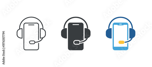 Calm digital care scene featuring a medical headset icon combined with a smartphone shape, same silhouette rendered three times
