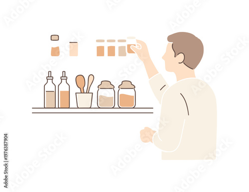 Man placing spices neatly on open kitchen shelf, minimalist flat vector illustration with thin uniform outlines, simple rounded