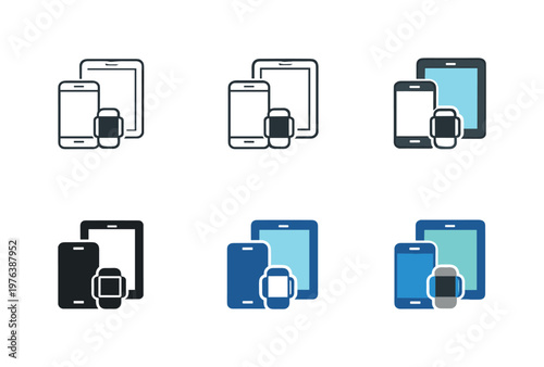Smart devices icon showing a smartphone, tablet, and wearable device arranged to represent personal mobile technology,