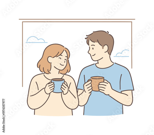 Couple enjoying coffee together near a window in a quiet morning moment, standing side by side and holding warm mugs, minimalist
