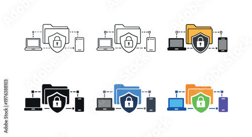 Protected file sharing illustration depicting a folder, shield, and connected devices arranged for secure data transfer, repeated