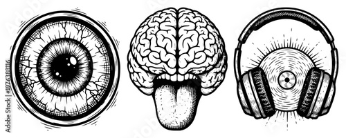 Surreal symbols featuring eyeball brain with tongue and record with headphones in vintage engraving style