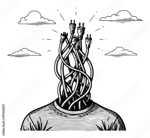 Human body with electric cables instead of head reaching for clouds in surreal engraving style