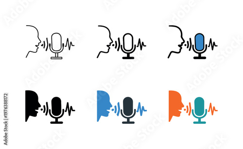 Speech recognition icon showing a microphone, sound waves, and a person speaking arranged to represent voice input and audio