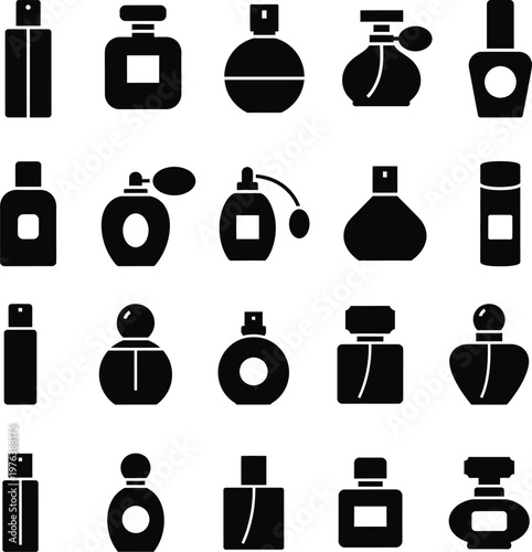 Set of perfume bottle icons fragrance containers collection scented liquid symbols with eau de toile
