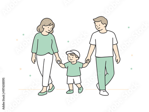 Parents walking with child during a quiet afternoon stroll, relaxed posture and unhurried steps together, minimalist flat vector