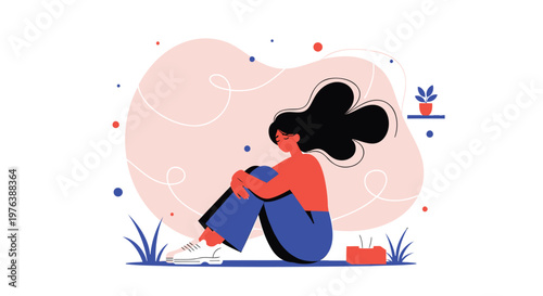 Illustration of a woman sitting alone, thoughtful, melancholic, vector graphic
