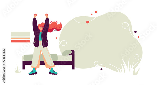 Cartoon woman stretching, morning routine, flat design, colorful illustration, vector graphics