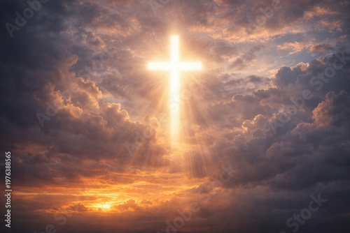 Glowing Christian Cross in Dramatic Heavenly Sunset Clouds
