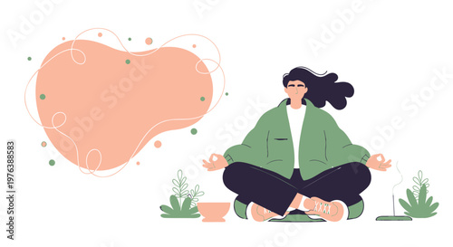 Meditating woman, yoga pose, green jacket, serene illustration, mindfulness concept