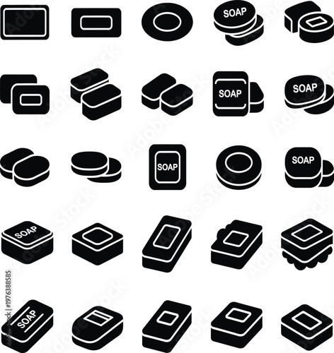 Set of soap bar icons cleaning product collection hygiene symbols with personal care, cleaning