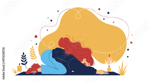 Illustration of a woman sleeping, dreamy scene, abstract shapes, colorful, flat design