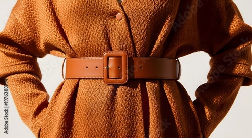 Close-up of a stylish brown leather belt cinching a textured rust-colored coat, highlighting the square buckle and the garment's elegant tailoring with soft, diffused lighting.
