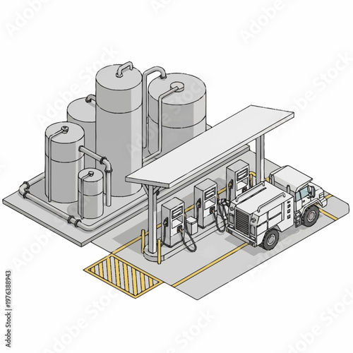 Fuel tanker truck refueling station.