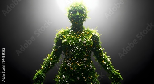 Human figure entirely covered in lush green foliage and delicate white blossoms, illuminated by a dramatic spotlight, symbolizing nature, growth, and the harmony between humanity and the environment.
