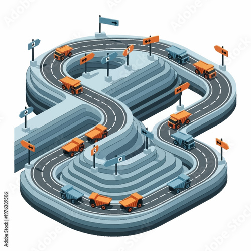 Orange trucks on a road network.