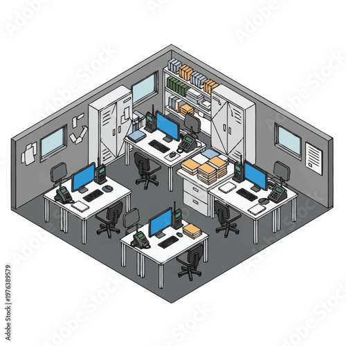 Office Cubicles with Computers and Desks.