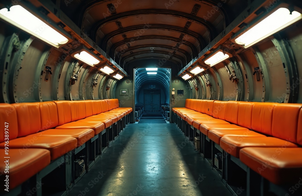 Obraz premium Empty aircraft cabin with orange seats. Industrial interior tunnel perspective with lighting fixtures. Rows of passenger seating stretch towards dark doorway. Transportation concept scene inside