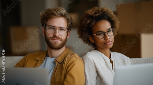 Two friends turned co-founders sitting back to back on opposite ends of a worn couch, laptops open but neither speaking, half-packed moving boxes visible in the background, ideal for co-founder