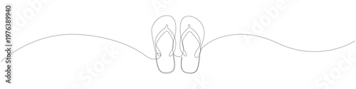 Minimalist one line drawing of summer flip-flops, single line illustration of beach sandals with a continuous stroke, clean contour linear art of footwear in a modern unbroken linear form.