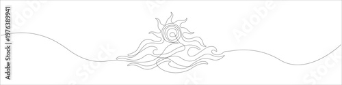 Single line illustration of the sun over ocean waves, one line drawing featuring a minimalist continuous stroke of a sunset with a smooth flowing line and abstract linear silhouette.
