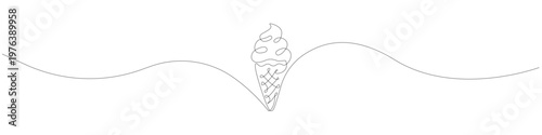 Single line illustration of a soft serve ice cream cone, one line drawing featuring a minimalist continuous stroke of a summer dessert with a clean contour and smooth flowing line.