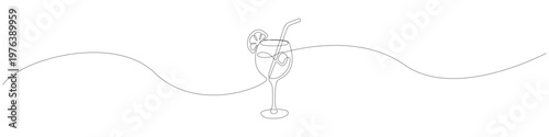 Modern one line drawing of a summer cocktail glass with lemon slice and straw, minimalist single line illustration featuring a fresh drink with ice cubes and smooth continuous line art contour.
