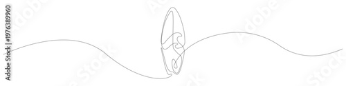 Single line illustration of a surfboard with a wave, one line drawing featuring a minimalist continuous stroke of surfing gear with a smooth flowing line and abstract linear silhouette.