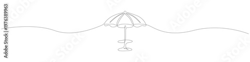 Continuous line art of a beach umbrella, one line drawing featuring a minimalist linear silhouette of a sunshade with a smooth flowing line, clean contour, and modern unbroken linear form.