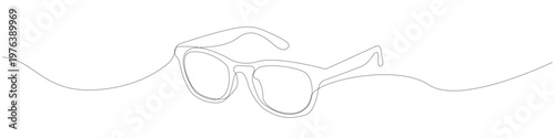 Minimalist sunglasses one line drawing featuring a modern continuous line illustration of eyewear with a smooth flowing line and clean contour, abstract linear silhouette of fashion accessory.