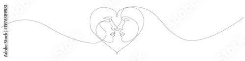 Romantic one line drawing of a couple kissing inside a heart shape, continuous line art of two faces in profile, minimalist single line illustration with smooth flowing linear silhouettes.