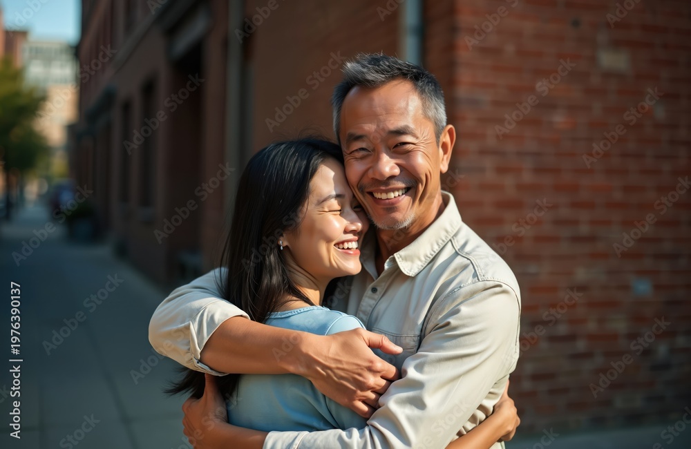 Fototapeta premium Happy Asian couple hugs outdoors on city street. Man and woman embrace warmly, smiling joyfully in urban setting. Partners share loving moment in daylight, feel connection.