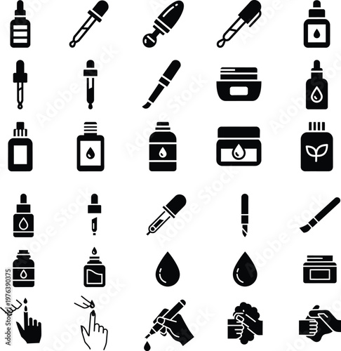 Diverse icons representing liquids droppers bottles for laboratory cosmetic or pharmaceutical use