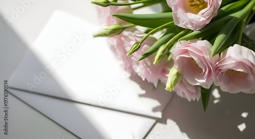 Delicate pink lisianthus flowers in a minimalist arrangement, bathed in soft, diffused daylight, creating a serene and elegant still life composition with ample copy space.