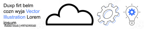 Cloud computing, technology innovation, system optimization, idea generation, technical processes, creativity. Black cloud, gear and light bulb symbols. Cloud computing and technology innovation