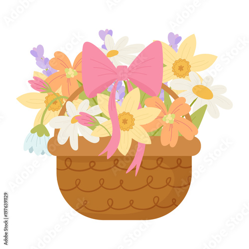 Decorative basket filled with spring flowers and ribbon bow. Vector illustration for holiday design, greeting cards, packaging, branding and seasonal decor