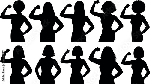Collection of diverse female silhouettes flexing biceps demonstrating strength and empowerment in a row