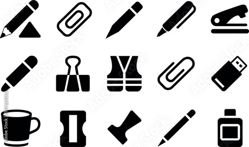 Collection of office supplies and stationery icons representing writing tools and accessories