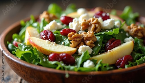 Fresh green salad in wooden bowl with apple slices, cranberries, walnuts, and feta cheese chunks. A healthy, tasty, and colorful dish for lunch or dinner.
