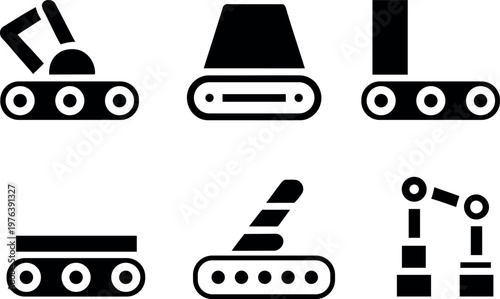 Collection of six industrial conveyor belt and robotic arm icons representing manufacturing and automation processes
