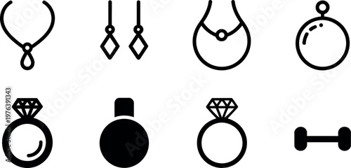 Collection of stylish jewelry and accessory icons arranged in two rows for visual appeal