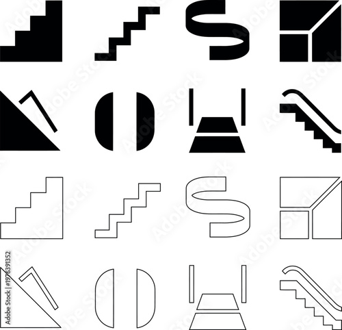Collection of stylized abstract geometric icons representing stairs and pathways in various forms and styles