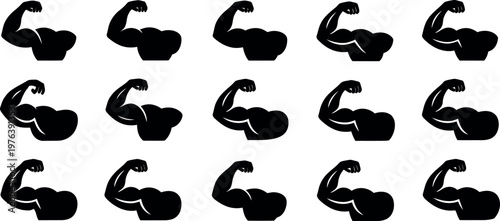Collection of stylized black flexed bicep muscle icons on a white background representing strength