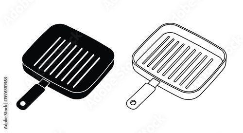 Two frying pans one filled and one outlined in a simple graphic silhouette