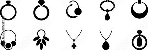 Collection of stylized black jewelry icons including rings necklaces earrings and pendants isolated on white background