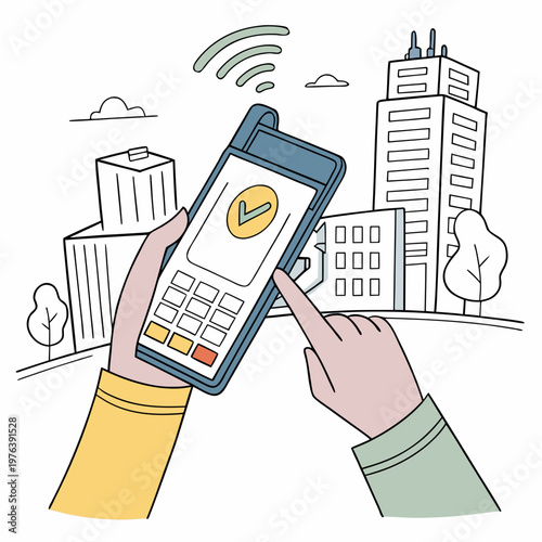 Contactless payment using smartphone in a modern city with line art e commerce contactless smartphone technology