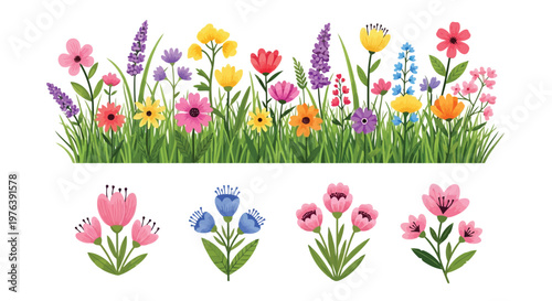 A charming collection of colorful cartoon spring flowers with grass and separate floral bouquets.