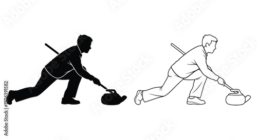 Curling athlete in motion depicted in both line art and stark silhouette
